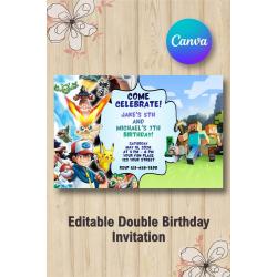Twin Pokemon and Minecraft Birthday Invitation
