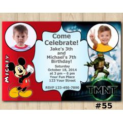 Twin Mickey Mouse and TMNT Invitation with Photo