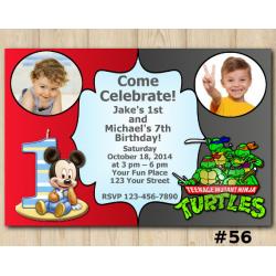 Twin Mickey Mouse and TMNT Invitation with Photo