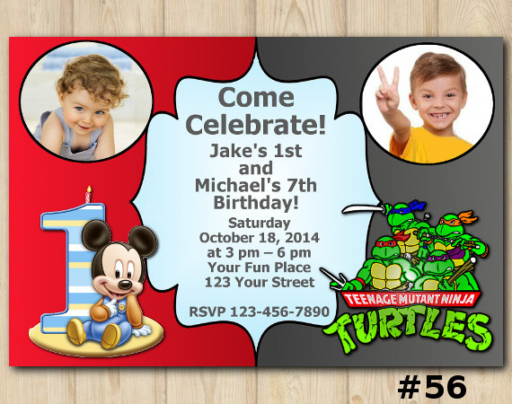Twin Mickey Mouse and TMNT Invitation with Photo | Personalized Digital Card