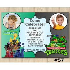 Twin Sesame Street and TMNT Invitation with Photo