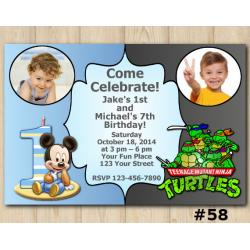 Twin Mickey Mouse and TMNT Invitation with Photo
