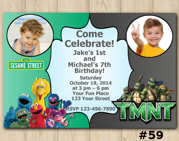 Twin Sesame Street and TMNT Invitation with Photo | Personalized Digital Card