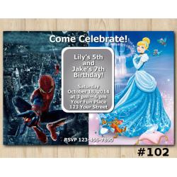 Twin Disney Princess and Spiderman Invitation