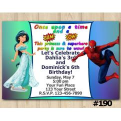Twin Princess Jasmin and Spiderman Invitation