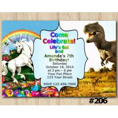 Twin Unicorn and Dinosaur Invitation