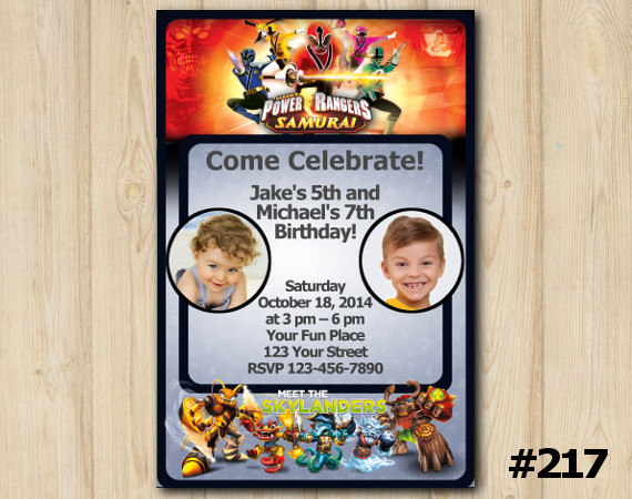 Twin Skylanders and Power Rangers Invitation with Photo | Personalized Digital Card