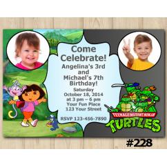 Twin Dora the Explorer and TMNT Invitation with Photo