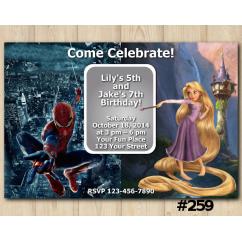 Twin Disney Princess Rapunzel and Spiderman Invitation