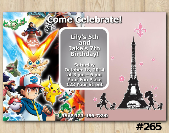 Twin Pokemon and Paris Damask Invitation | Personalized Digital Card