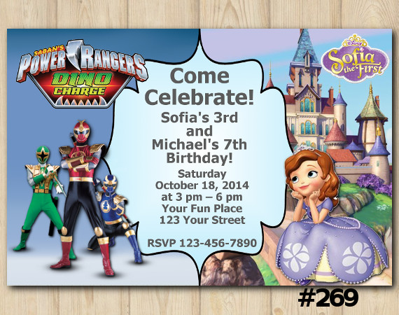 Twin Power Rangers and Sofia the First Invitation | Personalized Digital Card