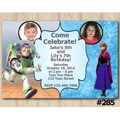 Twin Toy Storry and Frozen Anna Invitation with Photo