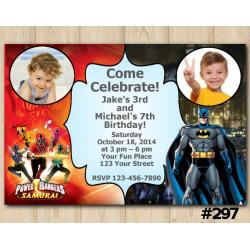 Twin Power Rangers and Batman Invitation with Photo