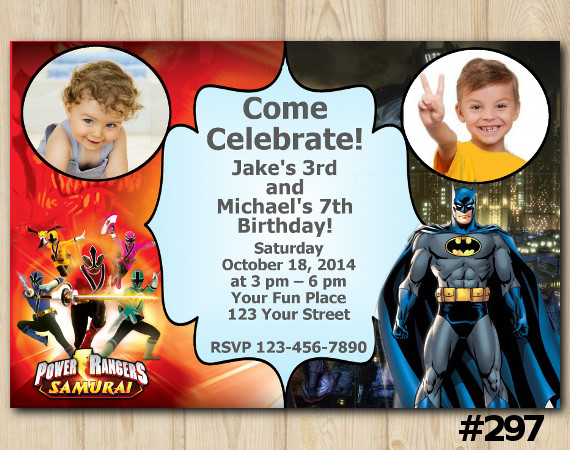 Twin Power Rangers and Batman Invitation with Photo | Personalized Digital Card