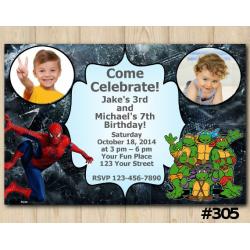 Twin Spiderman and TMNT Invitation with Photo