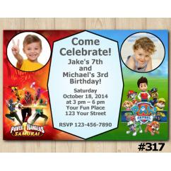 Twin Power Rangers and Paw Patrol Invitation with Photo