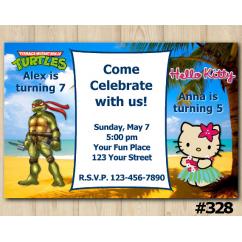 Twin TMNT and Hello Kitty Invitation