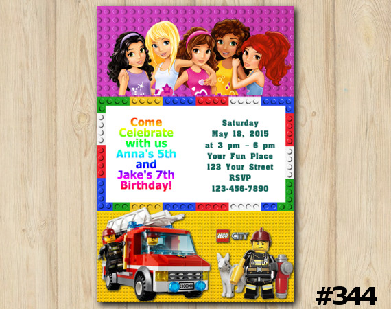 Twin Lego Friends and Lego City Invitation | Personalized Digital Card