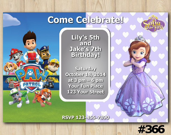 Twin Paw Patrol and Sofia the First Invitation | Personalized Digital Card