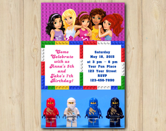 Twin Lego Friends and Lego Ninjago Invitation | Personalized Digital Card