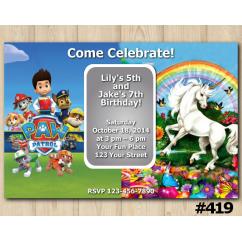 Twin Paw Patrol and Unicorn Invitation