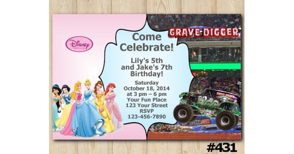 Twin Disney Princess and Grave Digger Birthday Invitation