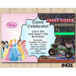 Twin Disney Princesses and Grave Digger Invitation