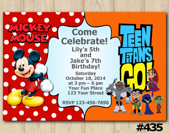 Twin Mickey Mouse and Teen Titans Go Invitation | Personalized Digital Card