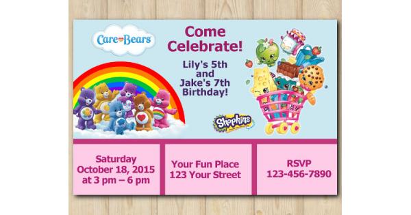 Twin Care Bears and Shopkins Birthday Invitation Template for Free Printable Care Bear Invitations
