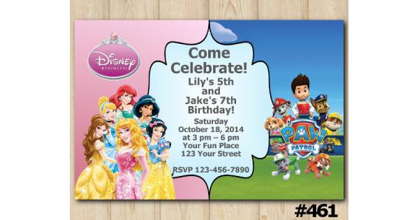 Twin Disney Princess and Paw Patrol Birthday Invitation 