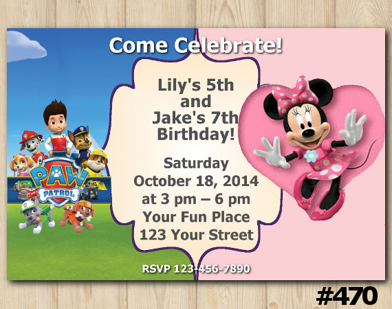 Twin Paw Patrol and Minnie Mouse Invitation | Personalized Digital Card
