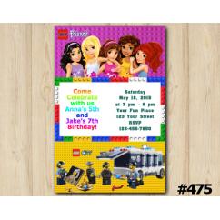 Twin Lego Friends and Lego City Invitation