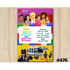 Twin Lego Friends and Lego City Invitation with Photo