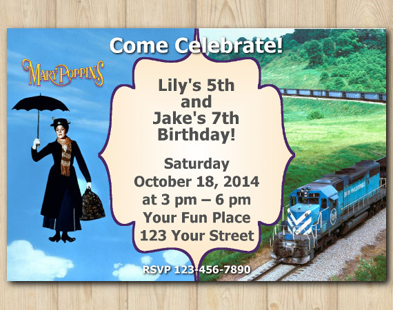 Twin Mary Poppins and Trains Invitation | Personalized Digital Card