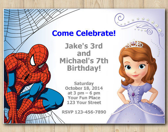 Twin Spiderman and Sofia the First Invitation | Personalized Digital Card