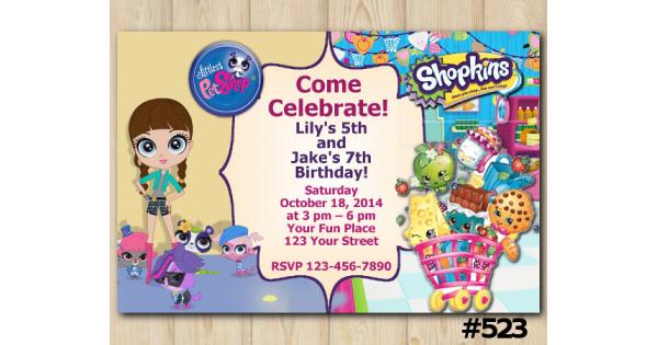 Twin Littlest Pet Shop and Shopkins Birthday Invitation, Joint Twin ...