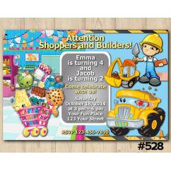 Twin Shopkins and Construction Invitation