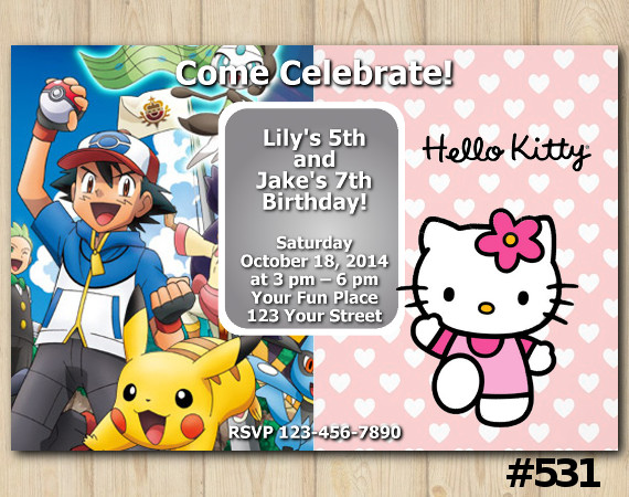 Twin Pokemon and Hello Kitty Invitation | Personalized Digital Card
