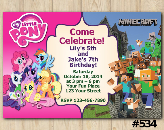 Twin My Little Pony and Minecraft Invitation | Personalized Digital Card