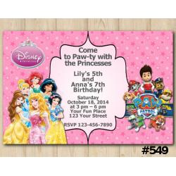 Twin Disney Princess and Paw Patrol Invitation