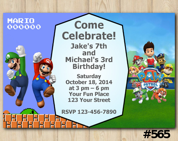 Twin Super Mario Brothers and Paw Patrol Invitation | Personalized Digital Card