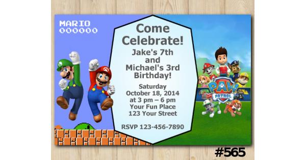 Twin Super Mario And Paw Patrol Birthday Invitation, Joint Twin 