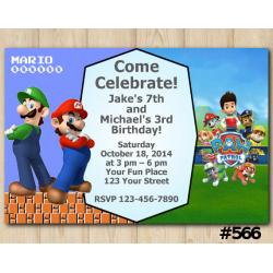 Twin Super Mario Brothers and Paw Patrol Invitation