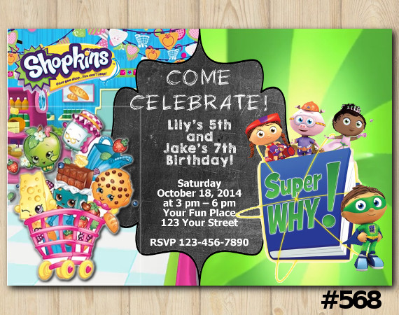 Twin Shopkins and Super Why Invitation | Personalized Digital Card