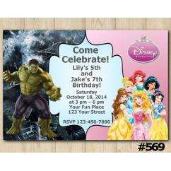 Twin Disney Princess and Hulk Invitation