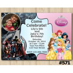 Twin Avengers and Disney Princess Invitation with Photo