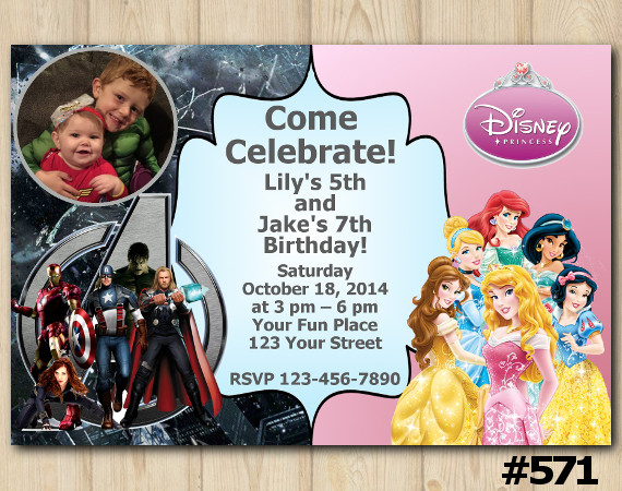 Twin Avengers and Disney Princess Invitation with Photo | Personalized Digital Card