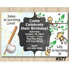 Twin Baseball and Baby Monkey Invitation