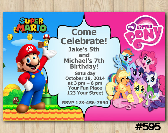 Twin Super Mario and My Little Pony Invitation | Personalized Digital Card