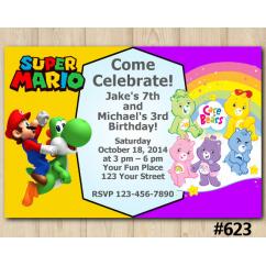 Twin Super Mario Brothers and Care Bears Invitation